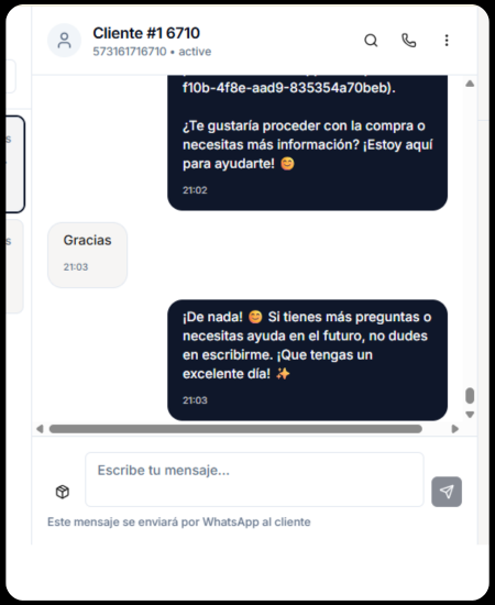 Vista móvil del chatbot chatmee en WhatsApp mostrando conversación con cliente